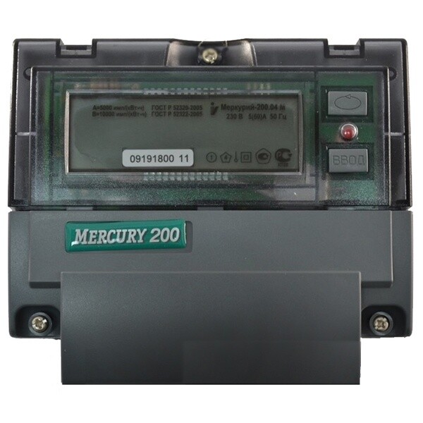 Счетчик э/эн. 1-фаз.  5-60А Меркурий 200.04, кл.т.1.0, 1-4 тар. PLC, ЖКИ, на DIN-рейку, с адапт.