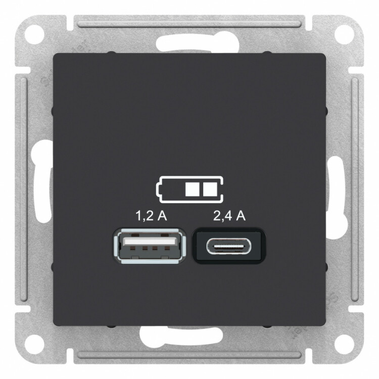 Розетка USB-A 1,2А + USB-C 1,2А, Карбон, ATLAS DESIGN
